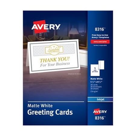 Avery Dennison Avery, HALF-FOLD GREETING CARDS, INKJET, 5 1/2 X 8.5, MATTE WHITE, 30/BOX W/ENVELOPES 8316